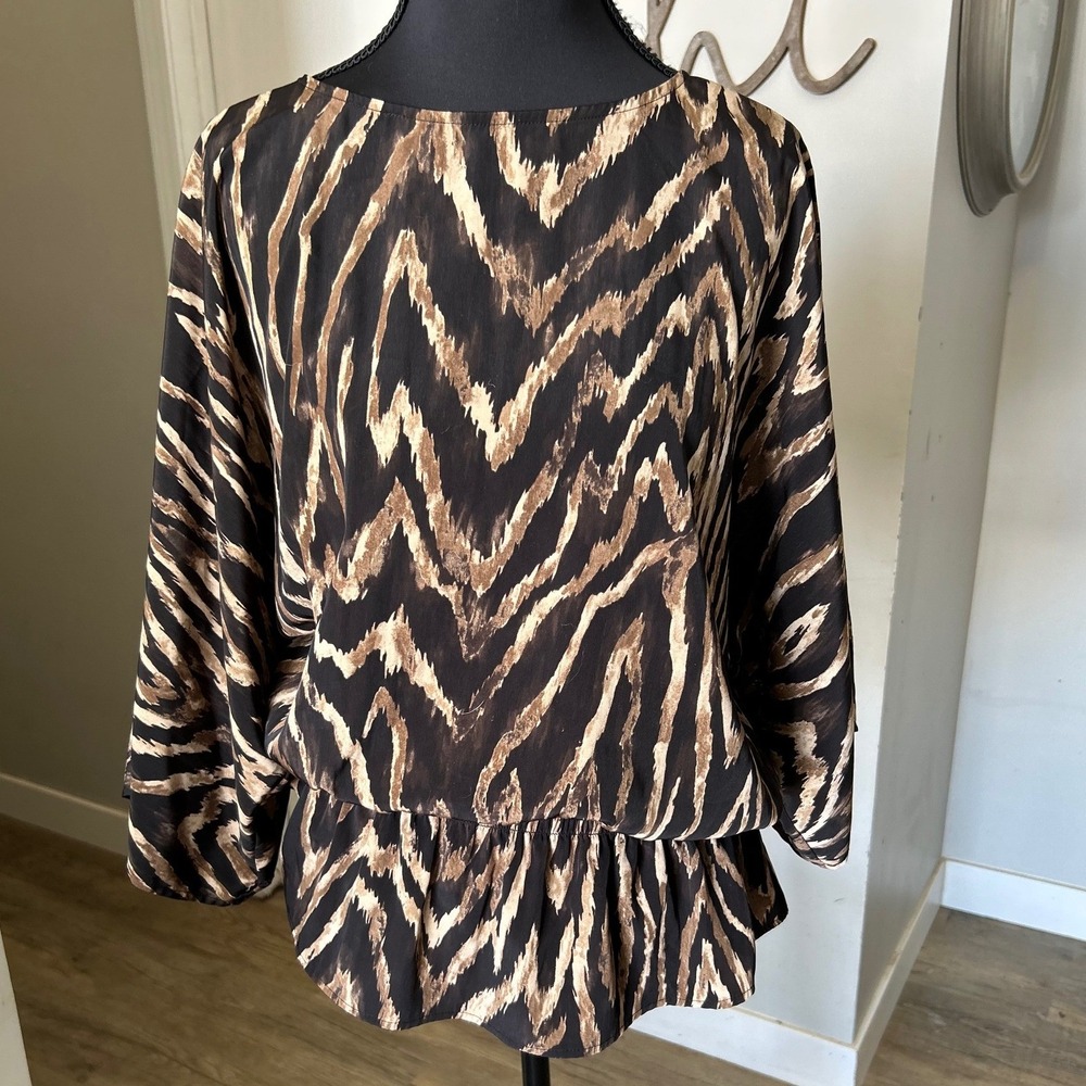 Chicos Black Brown Animal Zebra Print Peplum Blouse Women Flowy Size 1 Medium 8